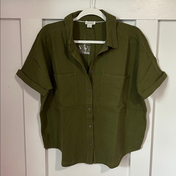 NWT Sundance Mona Gauze Camp Shirt Olive Short Sleeve Button Down Cotton Small - Picture 2 of 7